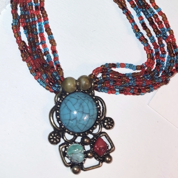 Multi-strand Turquoise & Red Beaded Necklace - Picture 2 of 7